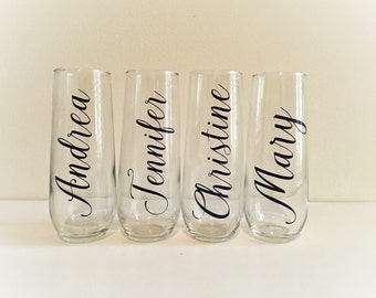 Set of four glass wedding bridal party stemless champagne flutes, Bachelorette Party Favors, Bridesmaids Gifts, Girls Night Out Presents