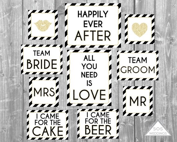 Black and White Glitter Wedding Photo Booth Signs, Photobooth Props, Gold Glitter, Photo Booth Props, Printable Photobooth, DIY Photo booth Il_570xn
