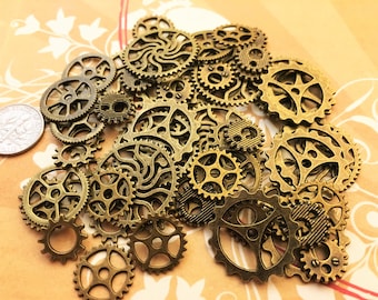 40 New Medium Large Small Steampunk Gears Cogs Buttons Wheels Watch Parts Sprocket Altered Art Brass Charms Jewelry Gothic Supplies Crafts