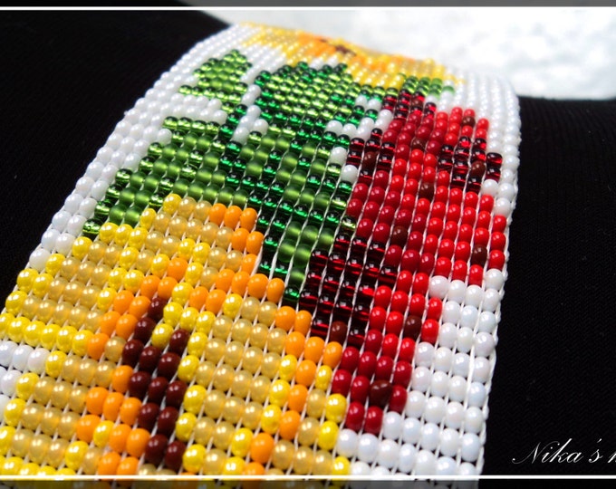 Ethnic beaded belt with sunflowers and viburnum berries, traditional pattern, summer accessory, colorful woven belt, red-yellow belt