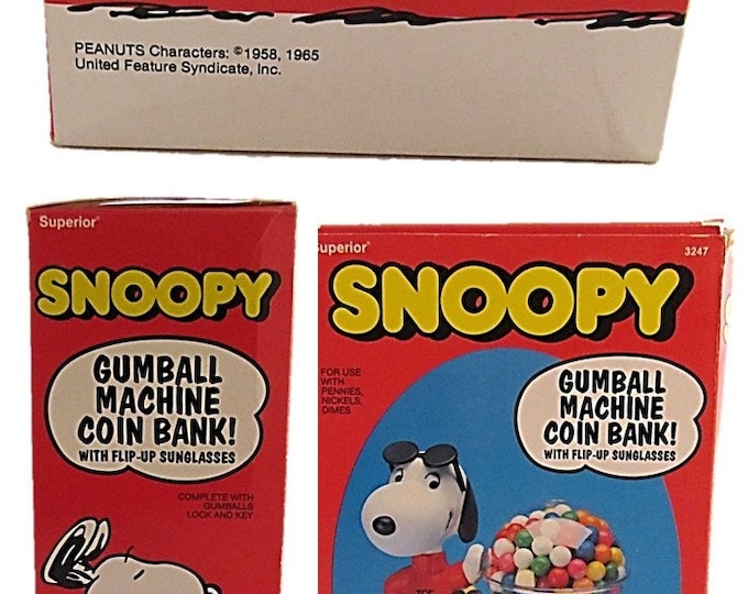 Vintage Superior Snoopy Gumball Machine Coin Bank with Original Box - Joe Cool Snoopy and Woodstock Gumball Machine