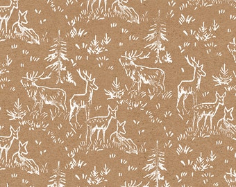 Handmade White Deer Wrapping Paper: Kraft Gift Wrap Sheet with Retro Handprinted White Deer (70 cm x 50 cm / 27.5" x 19.5")