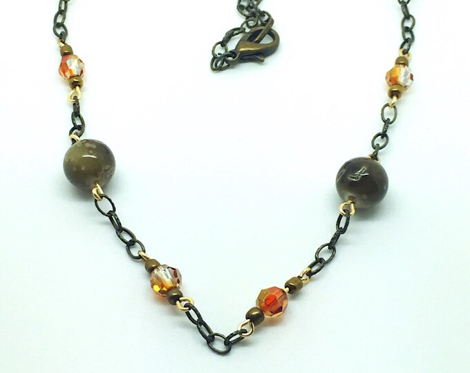 Brass brown necklace, brass Orange Swarovski necklace, brass necklace, brass jewelry