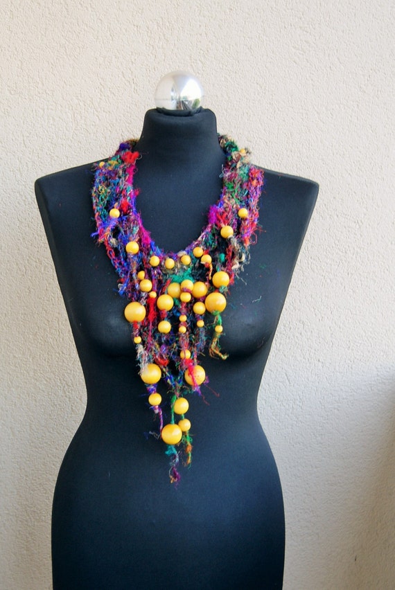sari silk yarn statement necklacewooden by handmadestreet101