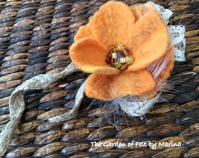 Felted Flower, Hand Felted Brooch, Felted Brooch Orange Flower Felted Wool Jewelry, Gift for Her Clothing Decoration, Wet Felted Wool Flower