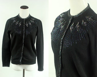 1950's Navy Sequin Lambswool & Angora Sweater Cardigan