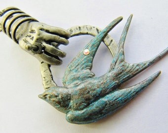 Steampunk Mechanical Hand & Blue Bird Pendant Necklace PN23