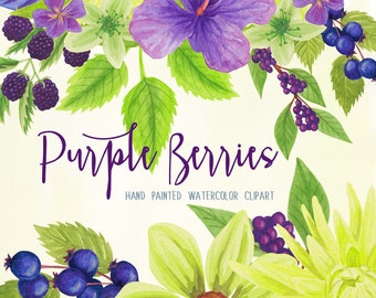 Purple berries and flowers watercolor clipart