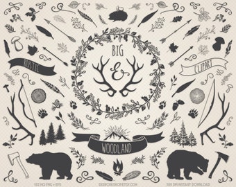 Woodland Clip Art Clipart: "Woodland Clip Art" with rustic items of wreath, arrows, bears, antlers and feathers and other woodland images