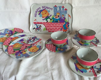 Vintage Humpty Dumpty Tin Dish Set; Ohio Art Tea Set; 10 piece Dish Set