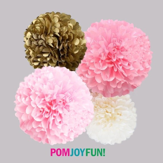 Pink and Gold Tissue Paper Pom Poms 4 Piece Set Weddings Bridal