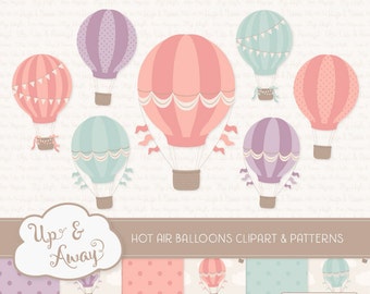 Vintage Girl Hot Air Balloons Clipart with Digital Papers - vintage hot air balloons clipart, hot air balloons vectors
