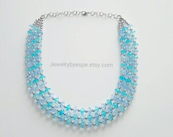 Statement Necklace, Blue Necklace, Turquoise Necklace, Blue and Silver Wedding Jewelry, Layered Multi Strand Necklace