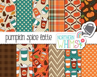 Fall Digital Paper - "Pumpkin Spice Latte" - autumn scrapbook papers with coffee cups, spices & leaves - seamless patterns - commercial use