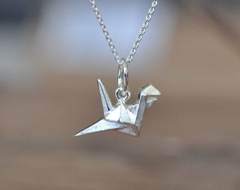 Sterling Silver Origami Crane Necklace, Silver Crane Necklace, Silver Bird Necklace, Origami Animal Jewelry, Geometric Crane Necklace