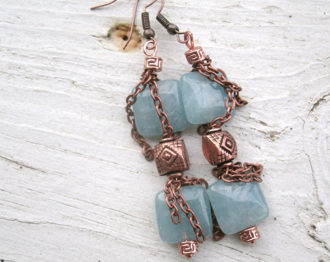 Amazonite gemstone and copper earrings, Amazonite gemstone beads, decorative copper spacers chain and wires, OOAK handmade, gift for her