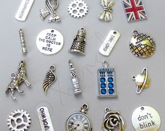 Doctor Who Charms 20PCs Mix - 20/40/60 Tardis, Time Lord, Sonic Screwdriver, Dalek, Watch, Union Jack Flag Findings CM2013