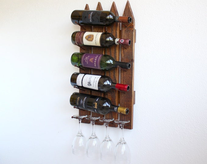 Wall Wine Rack - 5 Bottle 4 Glasses Rustic Picket Fence_Golden Oak color