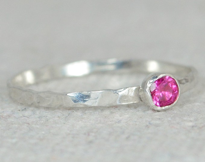 Dainty Ruby Ring, Hammered Silver, Stackable Rings, Mother's Ring, July Birthstone Ring, Skinny Ring, Birthday Ring