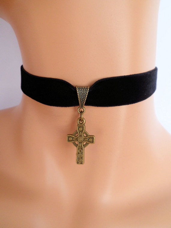black velvet choker, celtic cross choker, cross necklace, stretch ribbon, antique bronze by VelvetHeartshop steampunk buy now online