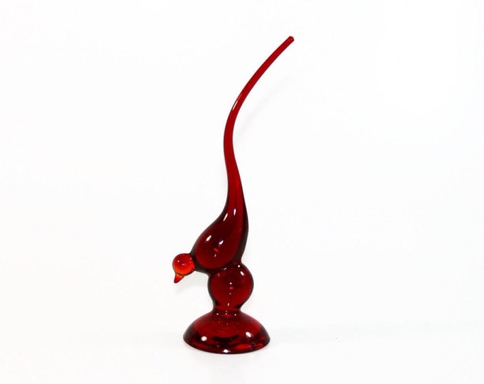 Storewide 25% Off SALE Vintage Red Amberina Viking Long Tail Art Glass Bird Statue Featuring Elongated Stature Design