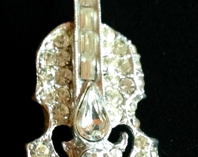 Storewide 25% Off SALE Large Vintage Silver Tone Rhinestone Encrusted Designer Music Violin Brooch Pin Featuring Elegantly Detailed Design