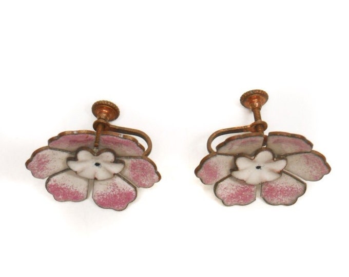 Storewide 25% Off SALE Vintage White Enamel Painted Screw Back Copper Floral Earrings Featuring Speckled Pink Enamel Accent Finish
