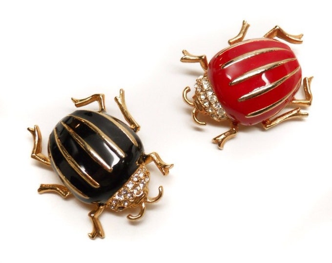 Storewide 25% Off SALE Vintage Red And Black Glazed Enamel Gold Tone Beetle Designer Brooch Set Featuring Rhinestone Design Accents