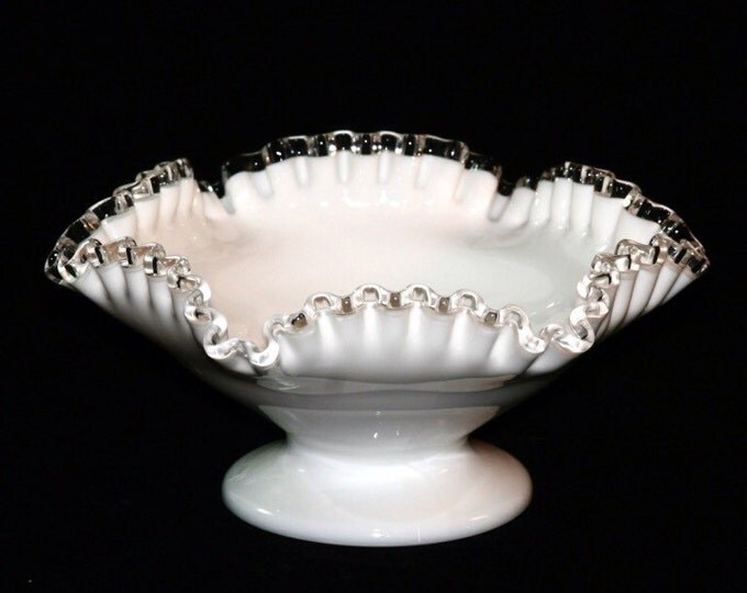 Storewide 25% Off SALE Vintage Medium Fenton Silver Crested White Milk Glass Centerpiece Ruffle Compote Bowl Featuring Classical Fenton Desi