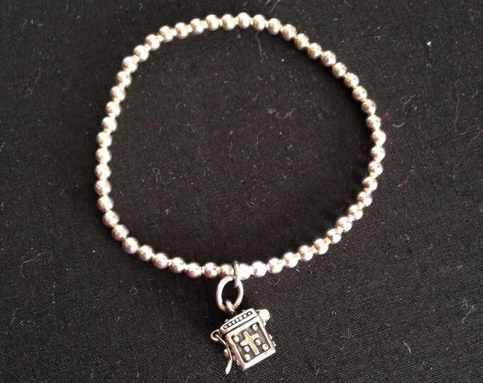 Storewide 25% Off SALE Vintage Sterling Silver Thailand Trinket Box Charm & Silver Tone Beaded Bracelet Featuring Latch Handle Lidded Charm