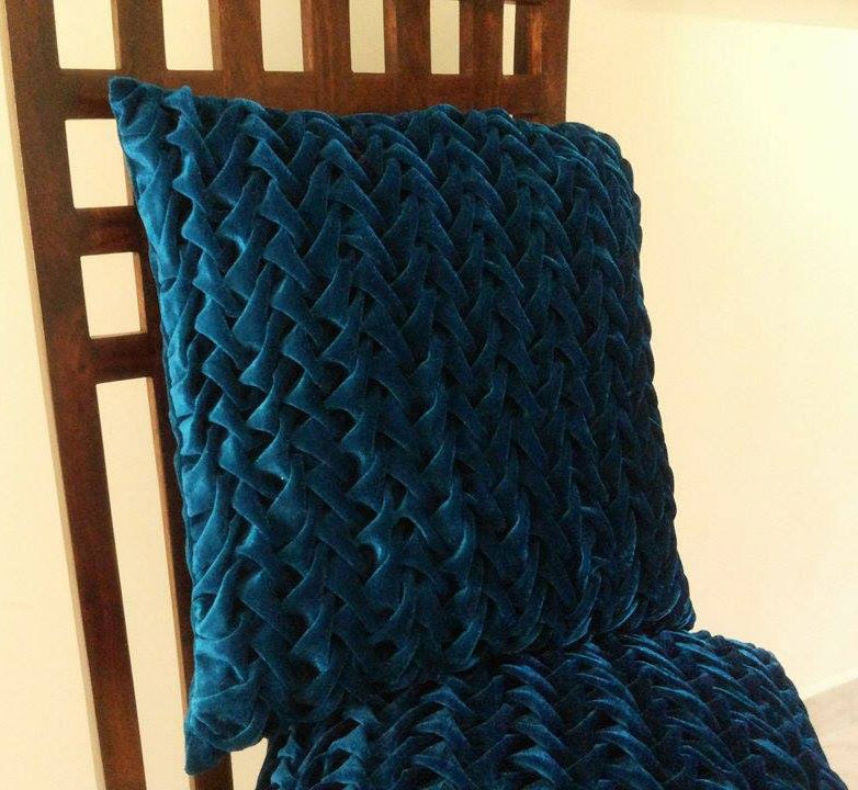 Blue Decorative Textured Velvet Pillow Covers 16x16 Throw