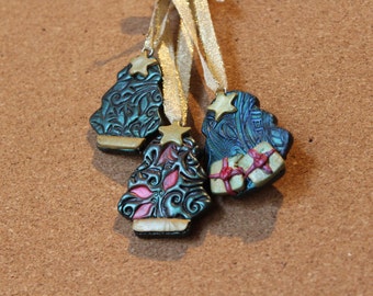 Polymer Clay Christmas Tree Ornament Set of 2