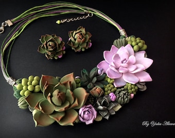 Green Succulent jewelry. Polymer clay necklace. Polymer clay jewelry. Polymer clay Succulent. Succulent necklace. Succulent Jewelry set