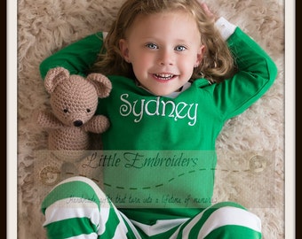 Pre-Order Personalized Christmas Pajamas - Embroidered Monogram Christmas Pj's - Green and White Stripe Christmas Pjs for the family