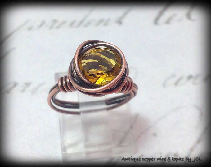 Antique copper wire statement ring with topaz