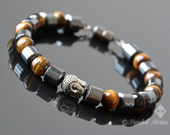 Men's bracelet Stackable bracelet Healing crystal bracelet Hematite & Tigers Eye Buddha bracelet Energy bracelet Men's Jewelry Gift for men