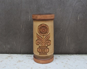 Soviet Vintage Hand Carved Wooden Folk Vase, Hand Made Vase with Flowers