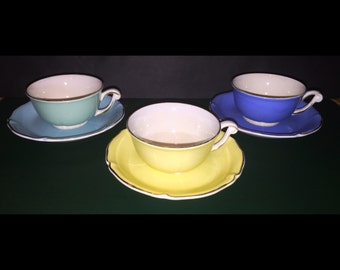 Vintage French Porcelain Cups & Saucers in Pastel Colors, Gold Rims // 3 Matching