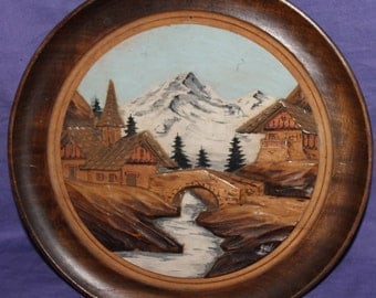 1940 Hand Painted Landscape Gouache Wood Wall Hanging Plate