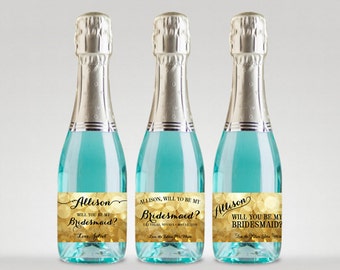 Will You Be My Bridesmaid? Customized Champagne Bottle Labels, Ask Bridesmaid - Sparkle Gold Bokeh, Full or Mini Labels - Printable PDF