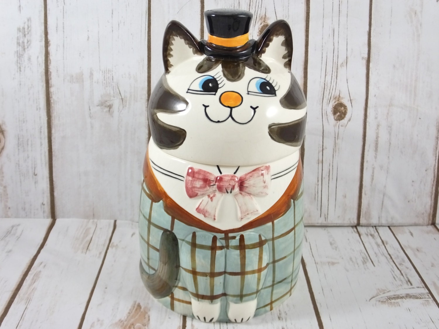 Vintage Ceramic Top Hat Cat Cookie Jar Hand Painted Glazed