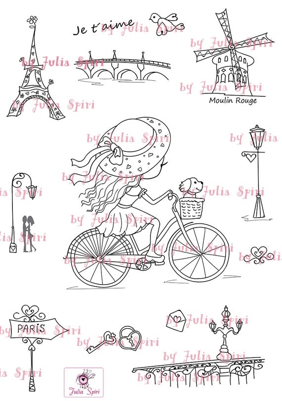 Digital Stamp + bonus elements for cut,  Paris stamps, Parisian girl in bike, Parisian elements, Eiffel Tower. The Paris Collection. Paris.