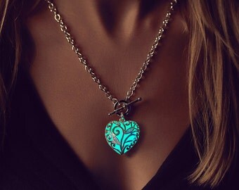 Aqua Glowing Heart Necklace - High School Graduation - Gift Women - Wife Gift - Anniversary Gifts for Women - Gift for Her - Summer Party