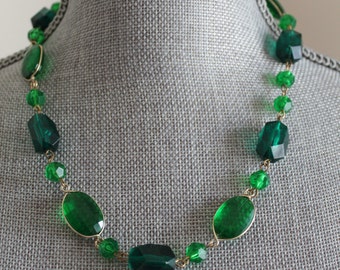 Green Wired Bead Necklace, Made in West Germany Multi Shaped Green Clear Beads, 20" Necklace