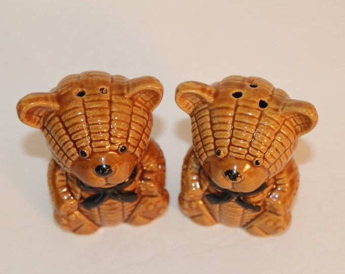 Vintage Brown Bear with a Bow Tie Salt and Pepper Shakers