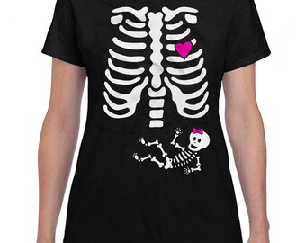 Pregnant Skeleton Shirt Pregnant Halloween Costume Maternity Skeleton T Shirt Girl Baby Halloween Pregnancy Announcement Ladies SPT-01