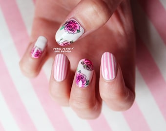 ROSE TATTOO PACK -Choice of two, Bnw or Pastel Old School Pin Up Rose Tattoo Water Slide Nail Decals, Original Illustrations!