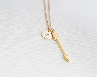 Personalised Arrow Necklace, Gold initial necklace , Initial Jewelry, Gold Plated Disc Necklace, Arrow Necklace