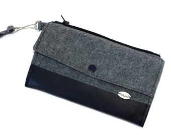 Big wallet with RFID PROTECTION | Travel wallet | 2 zipped pockets , 12 pockets for cards | passport cell | linen cotton grey | wrist strap