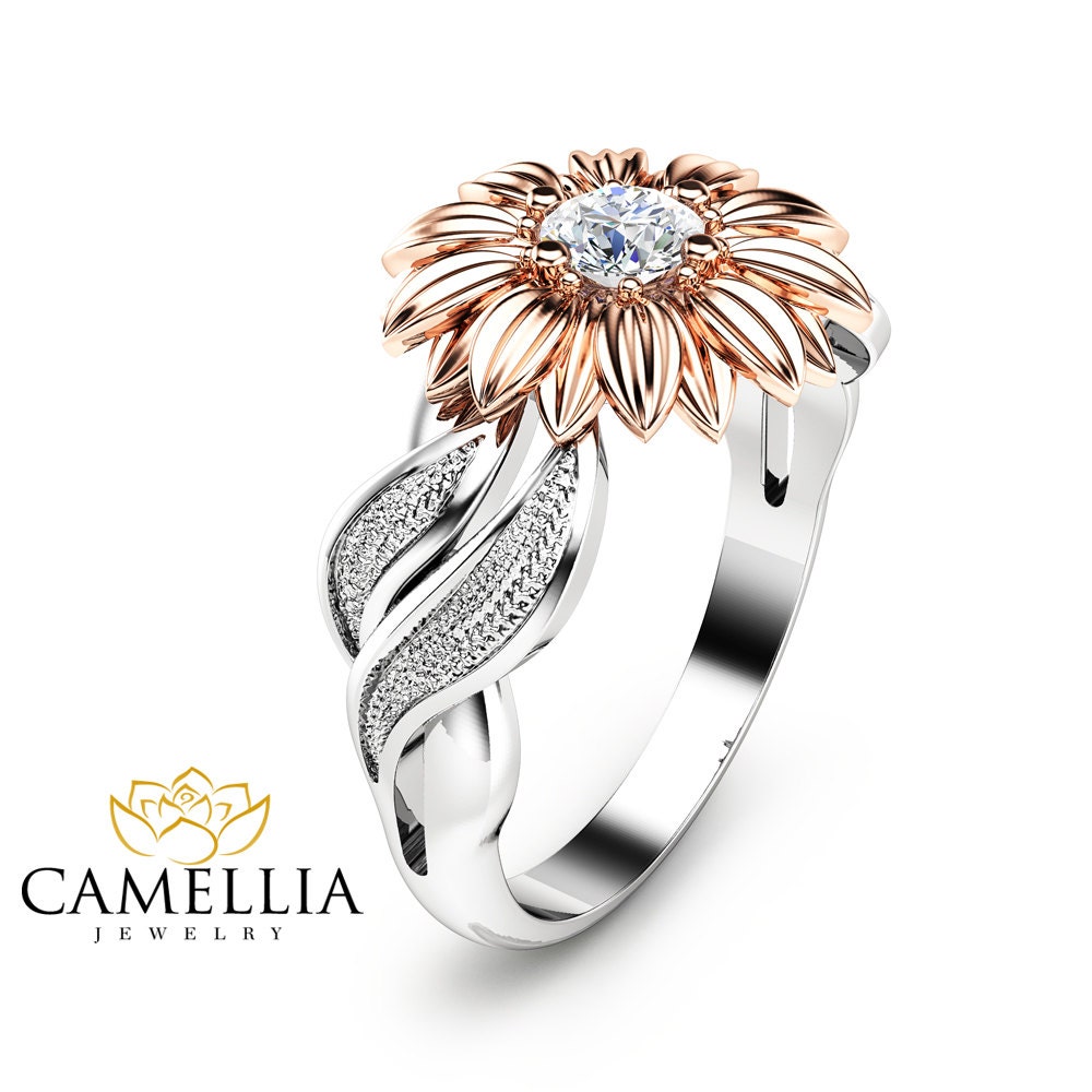 Natural Diamond Sunflower Engagement Ring 14K Two Tone Gold